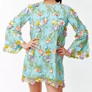 Mestiza New York Floral Lace Flower Ornament Dress Blue Applique Bell Sleeve S